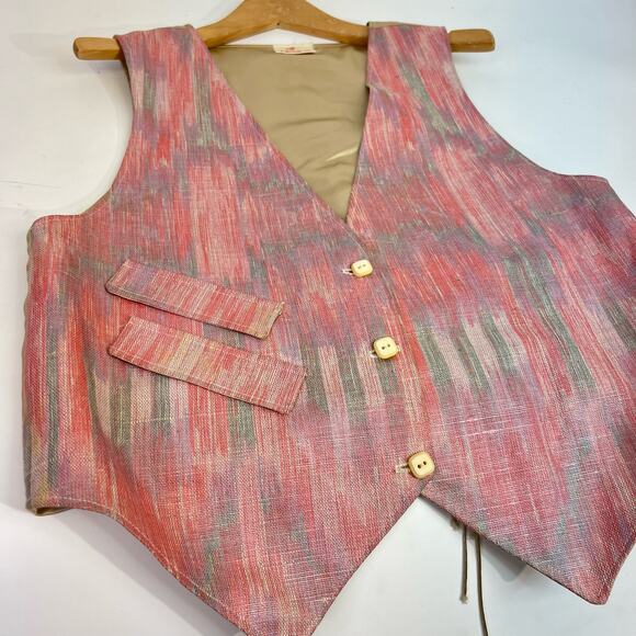 Vintage Linen Vest Pastel Aztec Small Western Button Up 90s Pink Retro - Picture 3 of 7